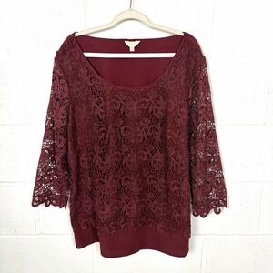 Adiva Tunic Scoop Neck Lace Layers Sheer Sleeves Wine Mature Evening Romantic 1X